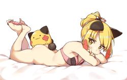 Rule 34 | 1girl, animal ears, ass, bare legs, barefoot, blonde hair, bottomless, bra, breasts, bright pupils, cloba, commentary, crossed ankles, crossed arms, english commentary, extra ears, full body, head rest, highres, index finger raised, looking at viewer, lying, nail polish, on stomach, original, panties, panty pull, pink bra, pink panties, short hair, short ponytail, sidelocks, small breasts, solo, tail, the pose, underwear, underwear only, unworn panties, v-shaped eyebrows, white pupils, yellow eyes
