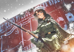 Rule 34 | 1girl, battle rifle, belt buckle, boots, brown hair, buckle, coat, cyrillic, dutch angle, fur hat, gun, hat, holster, looking at viewer, looking down, lyudmila pavlichenko, medal, military, military uniform, original, overcoat, real life, rifle, russia, russian clothes, russian text, short hair, siqi (miharuu), sitting, sky, sniper, sniper rifle, snow, snowing, solo, soviet, soviet flag, star (symbol), svt 40, translated, uniform, ushanka, weapon