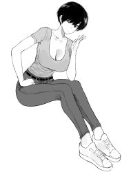 Rule 34 | 1girl, absurdres, belt, black hair, breasts, cleavage, collarbone, commentary, denim, earrings, english commentary, full body, greyscale, highres, jeans, jewelry, large breasts, looking at viewer, monochrome, norman maggot, olive laurentia, one eye closed, original, pants, pixie cut, shirt, shoes, short hair, short sleeves, simple background, sitting, sneakers, solo, t-shirt, white background, wink