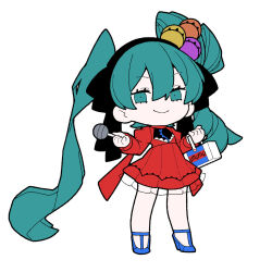 Rule 34 | 1girl, akichi 360, aqua eyes, aqua hair, asymmetrical hair, basket, black hairband, black ribbon, blue footwear, candy, chibi, closed mouth, commentary, dress, empty eyes, eyeball hair ornament, folded hair, food, framed breasts, full body, hair ribbon, hairband, hands up, hatsune miku, high heels, highres, holding, holding basket, holding candy, holding food, holding lollipop, juliet sleeves, layered dress, lollipop, long hair, long sleeves, looking at viewer, psi (vocaloid), puffy sleeves, red dress, ribbon, simple background, smile, solo, standing, twintails, uneven twintails, very long hair, vocaloid, white background