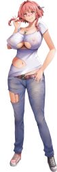 Rule 34 | 1girl, absurdres, belt, blush, braid, breasts, cleavage, cleavage cutout, clothing cutout, covered erect nipples, denim, feet, full body, game cg, groin, highres, huge breasts, jeans, large areolae, legs, legs apart, looking at viewer, matching hair/eyes, nclace, necklace, nipples, orico, pants, red eyes, red hair, see-through, shimai x saimin: zettai fukujuu, ore ga zutto ou-sama, shoes, short hair, skull, skull necklace, smile, sneakers, solo, standing, thighs, transparent background, twin braids