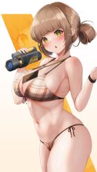 Rule 34 | + +, 1girl, absurdres, alternate costume, bare shoulders, bikini, blunt bangs, blush, breasts, brown bikini, brown hair, camcorder, cleavage, closed mouth, collarbone, commentary request, goddess of victory: nikke, green eyes, groin, hair bun, halterneck, highres, holding camera, large breasts, looking at viewer, medium hair, navel, novel (nikke), parted lips, plaid, plaid bikini, revision, side-tie bikini bottom, sidelocks, skindentation, solo, standing, stomach, string bikini, swimsuit, video camera, yuu cream, zoom layer