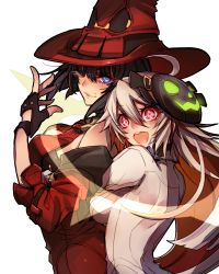 Rule 34 | 2girls, bare shoulders, black hair, blonde hair, blue eyes, breasts, fingerless gloves, gloves, glowing, glowing eyes, guilty gear, guilty gear xrd, hat, i-no, jack-o&#039; valentine, mask, mole, multicolored hair, multiple girls, one eye closed, open mouth, oro (sumakaita), pink eyes, red hair, red hat, short hair, simple background, smile, white background, witch hat