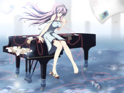 Rule 34 | 1girl, arm support, barefoot, dress, envelope, feet, grand piano, high heels, highres, instrument, long hair, megurine luka, partially submerged, piano, purple eyes, purple hair, sandals, shoes, single shoe, sitting, solo, strap slip, string, string of fate, taut clothes, vocaloid, water, wind, yuzuki kei