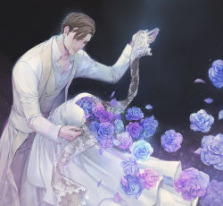 Rule 34 | 1boy, blue flower, blue rose, bride, brown hair, coat, commentary request, dancing, dissolving, dress, facial hair, feet out of frame, flower, groom, hand up, hetero, hollow, light particles, male focus, manly, original, outstretched arms, pants, petals, pink flower, pink rose, purple flower, purple rose, rose, sad, sash, see-through, see-through sleeves, shirt, solo, stubble, vest, white coat, white dress, white shirt, yoshicha