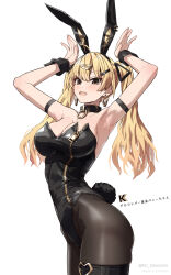 1girl :d animal_ears arms_up black_collar black_leotard black_pantyhose blonde_hair breasts brown_eyes cleavage collar commentary_request cowboy_shot earrings fake_animal_ears highres jewelry large_breasts leotard long_hair looking_at_viewer open_mouth original pantyhose playboy_bunny rabbit_ears simple_background smile solo takanashi_kei_(hitsujikan) thigh_strap twintails upper_body white_background zipper zipper_leotard zipper_pull_tab