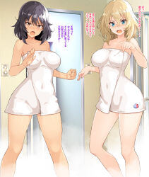 Rule 34 | 2girls, andou (girls und panzer), bathroom, bc freedom (emblem), black hair, blonde hair, blue eyes, blush, breasts, brown eyes, clenched hand, commentary request, covered navel, dark-skinned female, dark skin, emblem, feet out of frame, female focus, frown, girls und panzer, highres, indoors, large breasts, looking at viewer, medium hair, messy hair, multiple girls, nakamura yukitoshi, naked towel, open mouth, oshida (girls und panzer), standing, towel, translated, wet