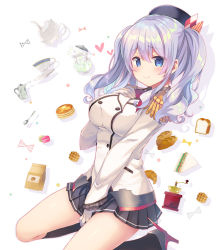 Rule 34 | 10s, 1girl, beret, blue eyes, bread, breasts, covering privates, covering crotch, cream, croissant, cup, epaulettes, food, hand on own chest, hat, kantai collection, kashima (kancolle), large breasts, long hair, looking at viewer, macaron, military, military uniform, miniskirt, pancake, pleated skirt, sandwich, silver hair, skirt, smile, solo, spoon, takei ooki, teacup, teapot, tsurime, twintails, uniform, waffle, wavy hair
