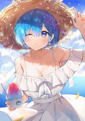 Rule 34 | 1girl, :o, alternate costume, arm up, ayamy, bare shoulders, blue eyes, blue hair, blush, bow, breasts, character print, cleavage, collarbone, day, dress, earrings, flower knot, food, hair ornament, hair over one eye, hat, highres, holding, horizon, ice, jewelry, large breasts, looking at viewer, ocean, one eye closed, outdoors, petals, petelgeuse romaneeconti, re:zero kara hajimeru isekai seikatsu, rem (re:zero), ribbon, short hair, smile, solo, straw hat, white bow, white dress, x hair ornament