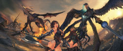 Rule 34 | 2girls, armor, ass, battlefield, boots, breasts, dagger, dragon, fantasy earth zero, highres, horse, horseback riding, kanda (ura-kanda), knife, knight, large breasts, leather, leotard, letterboxed, monster, multiple girls, polearm, revision, riding, wallpaper, weapon, wings