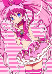 Rule 34 | 10s, 1girl, blue eyes, bow, braid, brooch, choker, cure melody, earrings, frills, hair ribbon, houjou hibiki, jewelry, long hair, magical girl, midriff, nail polish, navel, pink background, pink hair, pink nails, pink skirt, pink theme, pink thighhighs, precure, ribbon, shirono, skirt, smile, solo, suite precure, thighhighs, twintails, wrist cuffs