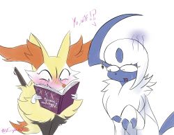 Rule 34 | 1girl, absol, alternate eye color, animal ear fluff, animal ears, animal nose, artist name, black eyes, black fur, blue eyes, blush, body fur, book, braixen, claws, constricted pupils, cowboy shot, creatures (company), english text, eryz, fan, female focus, fluffy, folding fan, fox ears, fox girl, fox tail, furry, game freak, gen 3 pokemon, gen 6 pokemon, hand up, hands up, happy, highres, holding, holding book, jpeg artifacts, legs together, looking at another, looking down, looking to the side, nintendo, nose blush, open book, open mouth, pokemon, pokemon (creature), pornography, reading, short hair, signature, simple background, sketch, smile, snout, standing, sweat, sylveon, tail, talking, turn pale, twitter username, typo, white background, white fur, white hair, yellow fur