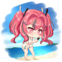 Rule 34 | 1girl, :q, azur lane, bare shoulders, barefoot, beach, blue sky, blush, breasts, bremerton (azur lane), bremerton (scorching-hot training) (azur lane), chibi, cleavage, cloud, commentary request, crop top, crop top overhang, day, full body, gabai, glint, green skirt, grey hair, hair between eyes, hair intakes, hair ornament, hairclip, hand on own cheek, hand on own face, hand on own thigh, hand on thigh, heart, heart necklace, highres, horizon, jewelry, large breasts, leaning forward, long hair, looking at viewer, midriff, mole, mole under eye, multicolored hair, necklace, ocean, pink eyes, pink hair, sand, shadow, shirt, sidelocks, skirt, sky, sleeveless, sleeveless shirt, smile, solo, sportswear, standing, streaked hair, taut clothes, taut shirt, tennis uniform, tongue, tongue out, twintails, twitter username, two-tone hair, two-tone shirt, two-tone skirt, white shirt, white skirt, wristband, x hair ornament