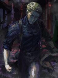 Rule 34 | 1boy, blonde hair, blue shirt, collared shirt, cowboy shot, expressionless, goggles, highres, jujutsu kaisen, long sleeves, male focus, nanami kento, shirt, short hair, sleeves rolled up, solo, standing, suspenders, zztzza
