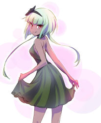 Rule 34 | 1girl, backless dress, backless outfit, bob cut, dark-skinned female, dark skin, dress, emerald sustrai, green dress, green hair, hair ribbon, highres, holding, holding clothes, holding skirt, iesupa, looking back, red eyes, ribbon, rwby, short hair with long locks, skirt, smile, solo