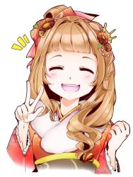 Rule 34 | 1girl, :d, ^ ^, artist request, blonde hair, closed eyes, flower, hair between eyes, hair flower, hair ornament, japanese clothes, kimono, long hair, long sleeves, open mouth, portrait, red flower, red kimono, red riding hood (sinoalice), simple background, sinoalice, smile, solo, v, wavy hair, white background