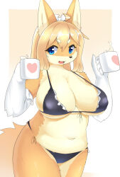 Rule 34 | 1girl, :3, ahoge, animal ears, animal nose, bare shoulders, bikini, black bikini, blonde hair, blue eyes, body fur, border, breasts, cleavage, cup, drink, elbow gloves, faeki, fang, female focus, fox ears, fox girl, fox tail, frilled bikini, frilled gloves, frills, front-tie bikini top, front-tie top, furry, furry female, gloves, gradient background, hands up, happy, heart, highres, holding, holding cup, holding drink, huge breasts, long hair, looking at viewer, maid, maid bikini, maid headdress, mug, navel, open mouth, orange background, original, outside border, side-tie bikini bottom, sidelocks, simple background, skindentation, smile, snout, solo, stomach, string bikini, swimsuit, tail, thick eyebrows, thick thighs, thighs, two-tone fur, unconventional maid, white border, yellow fur