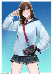 Rule 34 | 1girl, artist name, blue cardigan, blue skirt, blush, brown eyes, brown hair, cardigan, commentary, darkpulsegg, dinergate (girls&#039; frontline), english commentary, eyepatch, feet out of frame, girls&#039; frontline, hair between eyes, hair over one eye, hand in pocket, jewelry, long hair, looking at viewer, m16a1 (girls&#039; frontline), mole, mole under eye, multicolored hair, nail polish, necktie, open mouth, red necktie, ring, salute, scar, scar across eye, scar on face, shirt, simple background, skirt, smile, solo, standing, teeth, white shirt