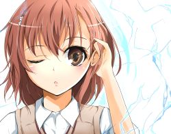 Rule 34 | 1girl, bad id, bad pixiv id, brown eyes, brown hair, electricity, electrokinesis, female focus, hair ornament, hairpin, highres, md5 mismatch, misaka mikoto, one eye closed, solo, toaru kagaku no railgun, toaru majutsu no index, velia, wink