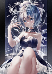 Rule 34 | 1girl, absurdres, arm support, bare legs, bare shoulders, bird, bird on hand, blue background, blue bow, blue choker, blue dress, blue eyes, blue hair, blurry, bow, breasts, choker, cirno, cleavage, commentary, depth of field, dress, eyelashes, feet out of frame, flower, frilled choker, frilled dress, frills, gradient background, hair between eyes, hair bow, hand up, head tilt, head wreath, highres, ice, ice rose, ice sculpture, ice wings, light blush, lips, looking at object, ripples, rose, see-through shawl, shawl, short hair, sitting, small breasts, smile, solo, thighs, touhou, water, white shawl, wings, yukia (yukia 777)