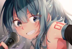 Rule 34 | 1girl, armpits, bad id, bad twitter id, bare shoulders, blue eyes, blue hair, blurry, blurry background, blurry foreground, close-up, commentary, depth of field, detached sleeves, frilled shirt collar, frills, from side, grin, hatsune miku, holding, holding microphone, long hair, looking at viewer, microphone, mukuro usss, portrait, rainbow, refraction, shirt, shoulder tattoo, sleeveless, sleeveless shirt, smile, solo, spotlight, sweat, tattoo, tsurime, twintails, very long hair, vocaloid