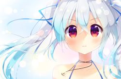 Rule 34 | 1girl, anchor necklace, aoi yun, bare shoulders, blue hair, blue ribbon, blush, closed mouth, collarbone, commentary request, hair between eyes, hair ribbon, hatsune miku, jewelry, long hair, looking at viewer, necklace, red eyes, ribbon, solo, spaghetti strap, twintails, v-shaped eyebrows, vocaloid
