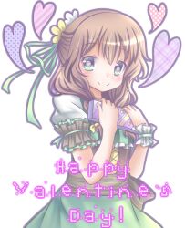 1girl aishin arcadea braid brown_hair dress emi_(arcadea) green_dress green_eyes happy_valentine heart low_twin_braids medium_hair official_art puffy_short_sleeves puffy_sleeves short_sleeves solo transparent_background twin_braids