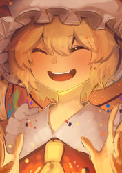 Rule 34 | 1girl, :d, ^ ^, ascot, blonde hair, blush, boa (brianoa), closed eyes, commentary, english commentary, facing viewer, flandre scarlet, hands up, hat, highres, mob cap, open mouth, red shirt, shirt, short hair, smile, solo, touhou, upper body, white hat, wings, yellow ascot