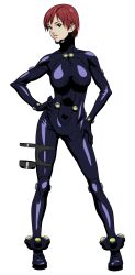 Rule 34 | 00s, 1girl, absurdres, bodysuit, breasts, female focus, full body, gantz, gantz suit, groin, hands on own hips, highres, holster, kishimoto kei, large breasts, legs, legs apart, looking at viewer, matching hair/eyes, oku hiroya, parted lips, red eyes, red hair, scan, shiny clothes, short hair, simple background, skin tight, solo, standing, thighs, transparent background, turtleneck, wide hips