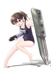 Rule 34 | 10s, 1girl, alternate costume, blush, breasts, brown hair, flight deck, full body, highres, holding, kaga (kancolle), kantai collection, one-piece swimsuit, open mouth, red eyes, school swimsuit, shadow, side ponytail, simple background, solo, swimsuit, terawamu, torpedo, wamu (chartreuse), white background