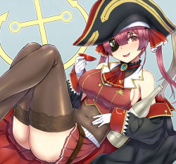 Rule 34 | 1girl, arinotowatari, ascot, ass, bare shoulders, bicorne, black thighhighs, bodysuit, bodysuit under clothes, bottle, breasts, commentary request, covered navel, cup, eyepatch, gloves, hair ribbon, hat, head tilt, hololive, houshou marine, jacket, knees up, leotard, leotard under clothes, long sleeves, looking at viewer, medium breasts, medium hair, navel, off shoulder, open mouth, pleated skirt, red ascot, red eyes, red hair, red jacket, red ribbon, red skirt, ribbon, sakazuki, sake bottle, see-through, see-through leotard, skirt, sleeves past wrists, smile, solo, thighhighs, twintails, virtual youtuber, white gloves