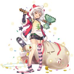 Rule 34 | 1girl, :3, ahoge, axe, black shorts, blue oath, chainsaw, chimney, christmas, confetti, full body, fur-trimmed jacket, fur trim, garter straps, highres, hoel (blue oath), holding, holding axe, holding weapon, hood, hood up, jacket, long hair, official art, over shoulder, sack, shirt, shorts, silver hair, solo, standing, star (symbol), striped clothes, striped thighhighs, t-shirt, tan, tanline, thighhighs, thighhighs pull, tongue, torn sack, transparent background, weapon, weapon over shoulder, yellow eyes