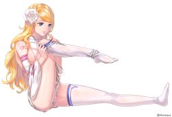 Rule 34 | 00s, 1girl, aken, artist name, bare shoulders, blonde hair, blue eyes, breasts, detached sleeves, dressing, dungeon and fighter, female slayer (dungeon and fighter), flower, full body, hair flower, hair ornament, halterneck, highres, large breasts, leg up, long hair, parted lips, rose, simple background, sitting, skindentation, solo, thighhighs, white background, white flower, white rose, white thighhighs