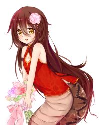 Rule 34 | 1girl, bad id, bad pixiv id, blush, bouquet, brown hair, chinese clothes, fang, flat chest, flower, guiyu (cindy), hair flower, hair ornament, lamia, long hair, monster girl, original, slit pupils, solo, very long hair, yellow eyes