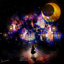 Rule 34 | abstract, androgynous, bad id, bad pixiv id, colorful, crescent moon, gender request, grin, halloween, harada miyuki, hat, lantern, moon, night, night sky, original, outdoors, signature, sky, smile, solo, star (symbol), witch, witch hat