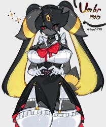 Rule 34 | absurdres, animal ears, black eyes, black fur, black hair, blonde hair, blush, breasts, choker, cleavage, colored sclera, creatures (company), crescent moon, embarrassed, furry, furry female, game freak, gen 2 pokemon, heart, heart hands, highres, large breasts, large ears, long ears, maid, moon, nintendo, pokemon, pokemon (creature), red sclera, ribbon, thick thighs, thighhighs, thighs, togetoge, twintails, umbreon, wide hips, zettai ryouiki