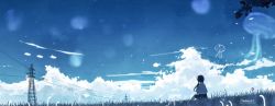Rule 34 | 1girl, amenomori howa, blue theme, blurry, bokeh, commentary, depth of field, grass, highres, jellyfish, light particles, night, night sky, original, outdoors, power lines, scenery, school uniform, sign, signature, sitting, sky, solo, star (sky), twintails