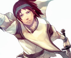 Rule 34 | 1boy, bad id, bad pixiv id, bandages, brown eyes, headband, kaburaya, male focus, poncho, red hair, shadow of the colossus, short hair, simple background, solo, surcoat, sword, wander (shadow of the colossus), weapon