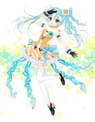 Rule 34 | 1girl, :d, aqua eyes, arm strap, arm up, black gloves, blue bow, blue hair, blush, bow, choker, full body, gloves, hair between eyes, hair bow, hasekura chiaki, hatsune miku, high heels, layered skirt, leg up, long hair, looking at viewer, open mouth, simple background, skirt, smile, solo, strapless, striped, striped bow, thighhighs, twintails, very long hair, vocaloid, white background, white thighhighs
