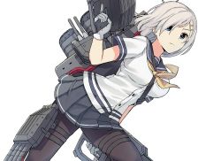 Rule 34 | 1girl, black pantyhose, blue eyes, breasts, cannon, commentary request, cowboy shot, eyes visible through hair, gloves, grey sailor collar, grey skirt, hair ornament, hair over one eye, hairclip, hamakaze (kancolle), itou (onsoku tassha), kantai collection, large breasts, looking at viewer, machinery, neckerchief, pantyhose, pleated skirt, remodel (kantai collection), sailor collar, school uniform, serafuku, short hair, short sleeves, silver hair, simple background, skirt, solo, turret, white background, white gloves, yellow neckerchief