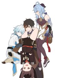 Rule 34 | 2boys, 2girls, :d, absurdly long hair, absurdres, ahoge, aqua eyes, aqua hair, bell, black hair, blue hair, brown eyes, carrying, carrying over shoulder, carrying person, chinese clothes, chongyun (genshin impact), detached sleeves, ganyu (genshin impact), genshin impact, gradient hair, hair between eyes, hat, hayarob, highres, horns, hu tao (genshin impact), long hair, long sleeves, looking at viewer, multicolored hair, multiple boys, multiple girls, neck bell, open mouth, red eyes, sidelocks, simple background, sketch, smile, sweat, twintails, v-shaped eyebrows, very long hair, white background, zhongli (genshin impact)