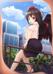 Rule 34 | 1girl, black hair, black wings, blue sky, blush, building, cloud, day, expressionless, finger frame, food, hat, hat ribbon, looking at viewer, looking back, oukatihiro, popsicle, pov, pov hands, railing, red eyes, ribbon, shameimaru aya, shirt, skirt, sky, solo focus, tokin hat, touhou, wings