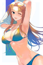 Rule 34 | 1girl, armpits, arms up, ashita (2010), bikini, blue bikini, blue eyes, breasts, brown hair, cleavage, clothes lift, halterneck, happy, highres, idolmaster, idolmaster cinderella girls, large breasts, looking at viewer, matsumoto sarina, medium breasts, navel, one eye closed, open mouth, parted bangs, partially undressed, shirt lift, unworn shirt, sweatdrop, swimsuit, wet