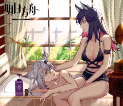 Rule 34 | 2girls, absurdres, animal ear fluff, animal ears, arknights, armband, bare arms, bare shoulders, bathtub, black bra, black hair, bra, chinese commentary, collarbone, commentary request, copyright name, curtains, fang, feet out of frame, hair ornament, hairclip, highres, indoors, infection monitor (arknights), lappland (arknights), long hair, looking at another, multicolored hair, multiple girls, nuoyan promise, parted lips, penguin logistics logo, pink hair, profile, scar, scar on arm, silver hair, sitting, smile, texas (arknights), thighs, underwear, underwear only, window, wolf ears, yellow eyes, yuri