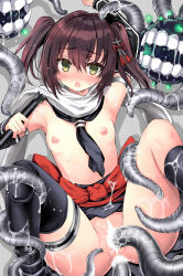 Rule 34 | 1girl, abyssal ship, anal, black neckerchief, black skirt, breasts, brown hair, double penetration, elbow gloves, enemy naval mine (kancolle), fingerless gloves, gloves, green eyes, highres, holding, holding torpedo, interspecies, kantai collection, kneehighs, kumakou, miniskirt, neckerchief, nipples, pleated skirt, restrained, scarf, school uniform, sendai (kancolle), sendai kai ni (kancolle), serafuku, single kneehigh, single sock, single thighhigh, skirt, small breasts, socks, solo, tentacle sex, tentacles, thighhighs, torpedo, two side up, vaginal, white scarf
