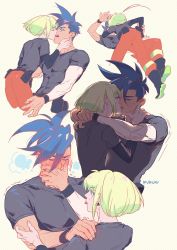 Rule 34 | 2boys, artist name, asymmetrical hair, blue eyes, blue hair, blush, boots, firefighter, french kiss, galo thymos, green hair, height difference, highres, kiss, lio fotia, male focus, multiple boys, promare, pukun, sidecut, spiked hair, tongue, tongue out, trembling, undercut, yaoi
