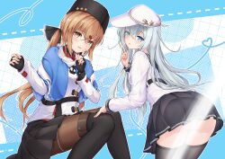 2girls absurdres ass black_gloves black_ribbon black_sailor_collar black_skirt black_thighhighs blue_eyes blush breasts brown_hair censored commentary_request fingerless_gloves flat_cap fur_hat gloves hair_ornament hair_ribbon hairclip hammer_and_sickle hat hibiki_(kancolle) highres jacket kantai_collection light_censor long_hair long_sleeves looking_at_viewer low_twintails multiple_girls panties papakha parted_lips pleated_skirt ribbon sailor_collar scarf shawl simple_background skirt star_(symbol) sudachineko tashkent_(kancolle) thighhighs twintails underwear verniy_(kancolle) white_hat