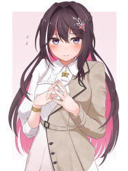 Rule 34 | 1girl, absurdres, asymmetrical clothes, azki (4th costume) (hololive), azki (hololive), black hair, blazer, blush, bracelet, braid, brown jacket, center frills, closed mouth, colored inner hair, dress, fashion, frilled dress, frills, hair between eyes, hair ornament, hairclip, highres, hololive, jacket, jewelry, long sleeves, micon, multicolored hair, neckerchief, pink background, pink hair, purple eyes, shy, simple background, streaked hair, sweat, two-tone background, upper body, virtual youtuber, wavy mouth, white background, white dress, white hair, white neckerchief