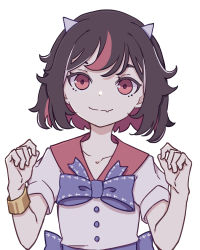 Rule 34 | 1girl, black hair, blue bow, blue bowtie, bow, bowtie, bracelet, closed mouth, cone horns, fang, fang out, grey horns, hands up, highres, horns, jewelry, kame (kamepan44231), kijin seija, looking at viewer, multicolored hair, one-hour drawing challenge, red eyes, red hair, shirt, short hair, short sleeves, simple background, skin fang, smile, solo, streaked hair, touhou, upper body, white background, white shirt