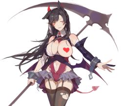 Rule 34 | 1girl, alternate costume, animal ears, atago (azur lane), azur lane, black thighhighs, blush, breasts, breasts out, clothing cutout, cowboy shot, cuffs, demon horns, demon tail, detached sleeves, floating hair, garter straps, grey skirt, heart pasties, holding, holding weapon, horns, large breasts, leotard, long hair, looking at viewer, microskirt, navel, navel cutout, one eye closed, outstretched arm, parted lips, pasties, pleated skirt, purple leotard, red cucumber, scythe, shackles, short hair with long locks, simple background, skirt, smile, solo, swept bangs, tail, thighhighs, torn clothes, torn thighhighs, weapon, white background